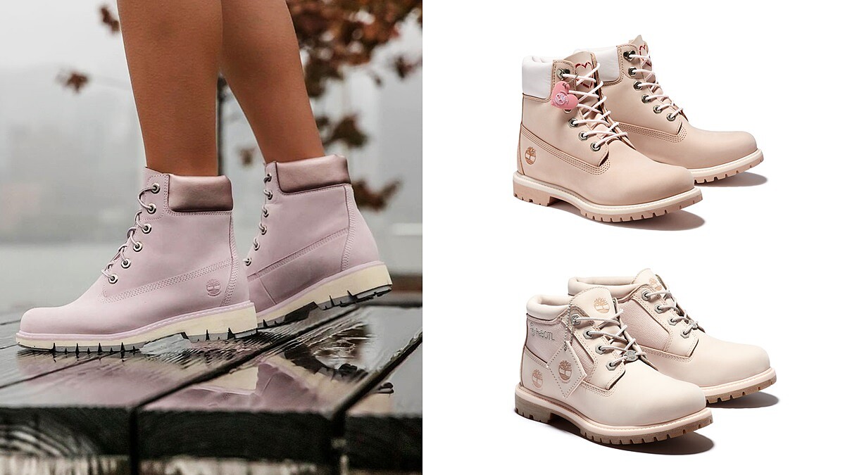 Timberland默默再上架櫻花粉拼接短靴,還有愛心刺繡圖案的霧灰粉高筒靴