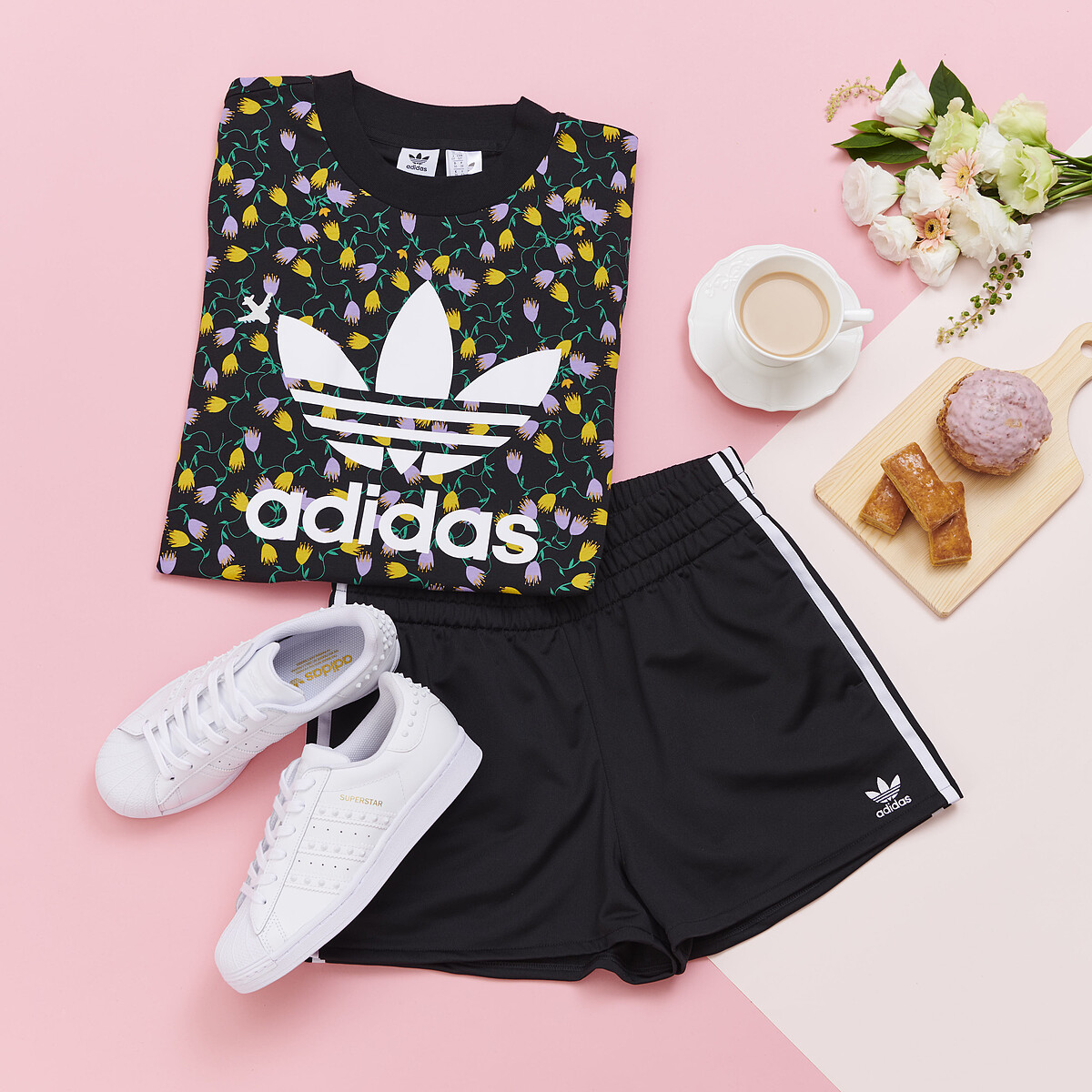 Bellista系列短袖上衣，NT1,490、短褲，NT1,690、Superstar 鉚釘系列鞋款，NT4,090。