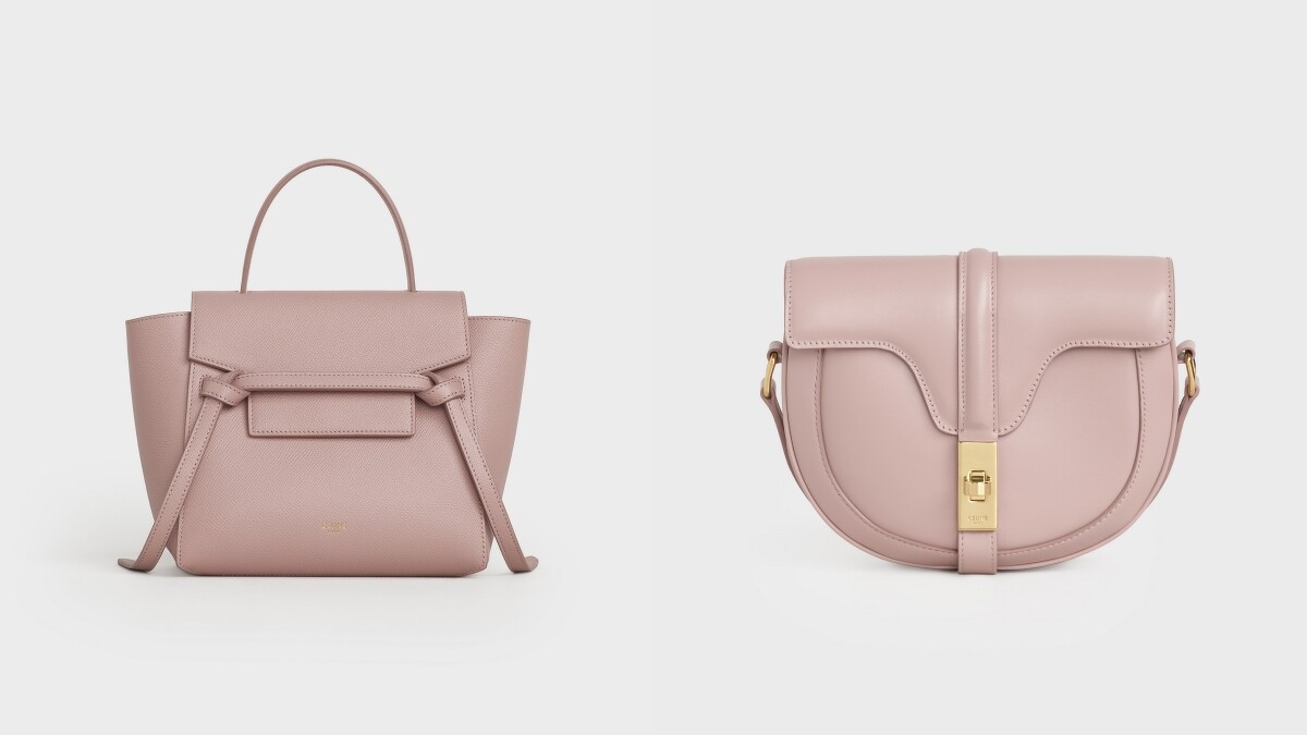 BELT小牛皮肩背提包（NT$69,000）、BESACE 16 復古粉緞面小牛皮肩背包（NT$75,000）