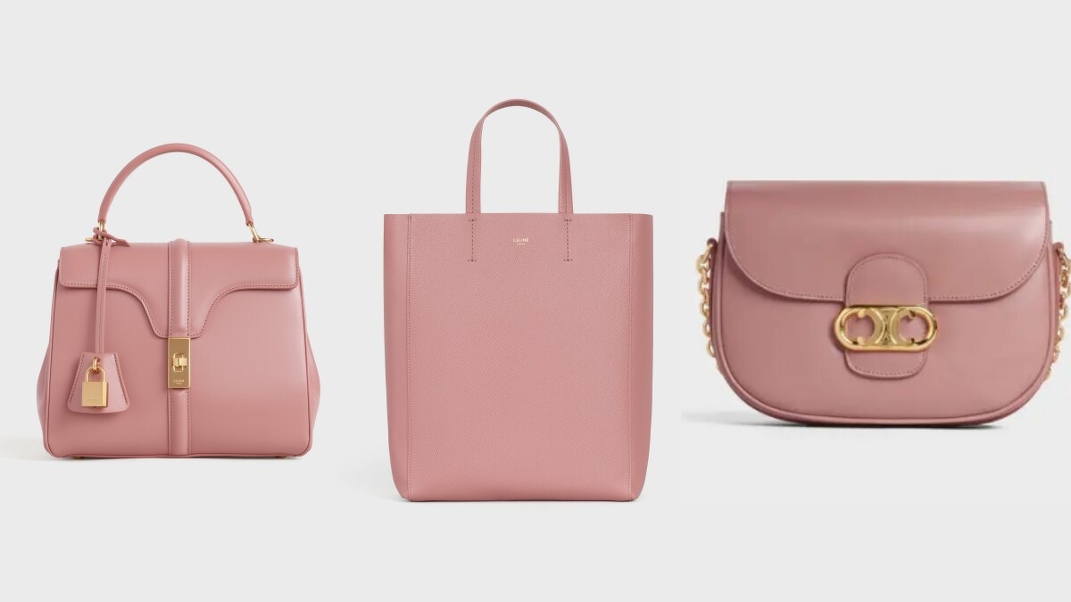 16小牛皮小型提包（NT$130,000）、CABAS復古粉小牛皮小型肩背提包（NT$41,000）、CHA&Icirc;NE TRIOMPHE復古粉小牛皮鍊帶包（NT$99,000）