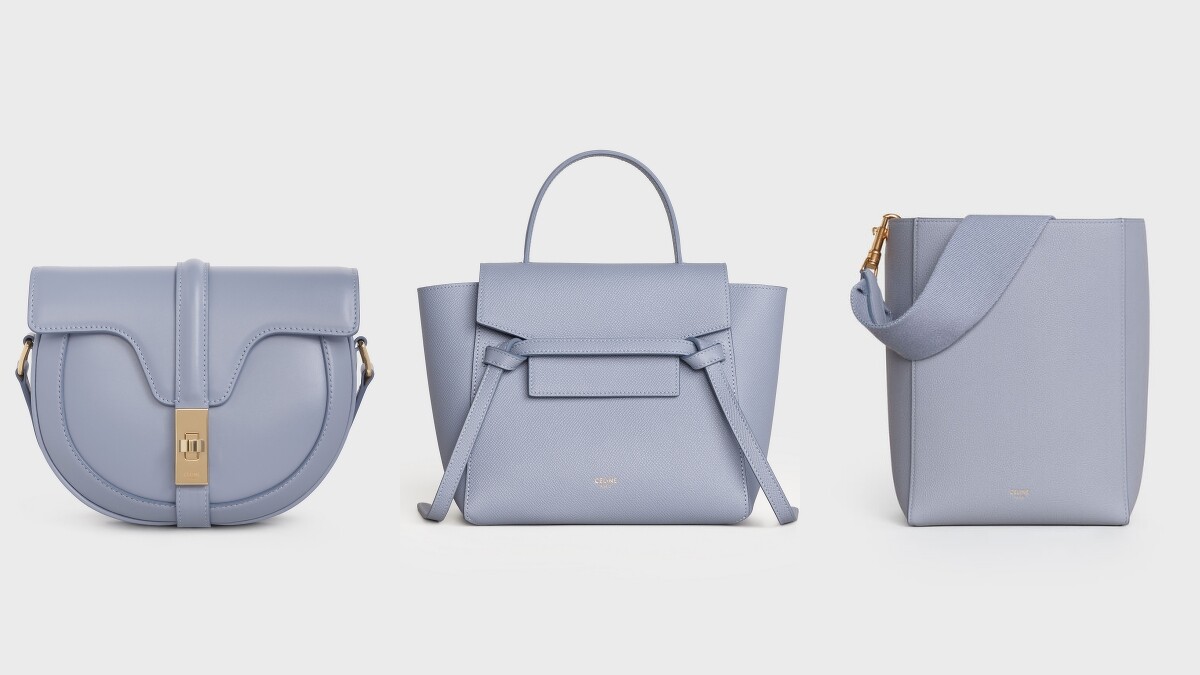 BESACE 16小牛皮肩背包（NT$75,000）、BELT小牛皮肩背提包（NT$69,000）、SANGLE BUCKET北極藍小牛皮肩背包（NT$61,000）