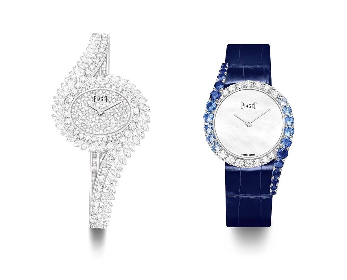 PIAGET Limelight Gala系列18K白金鑲鑽頂級珠寶腕錶；18K白金漸層藍寶石鑲鑽高級珠寶腕錶。