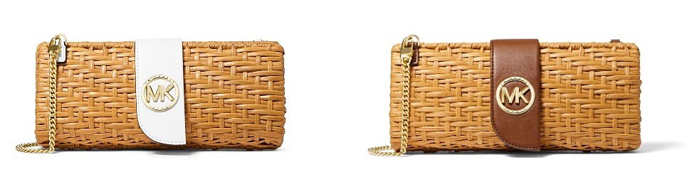 Malibu金屬Logo藤編手拿鍊帶包，NT8,500 (白)