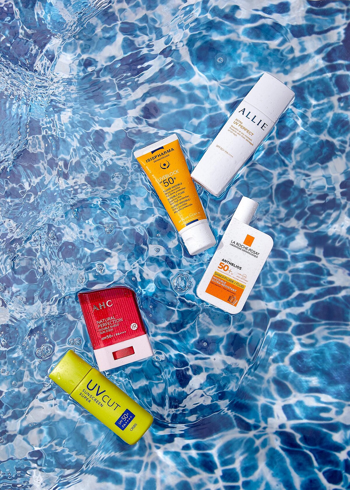 1.Kanebo Allie Ex UV完美高效防曬乳 SPF50+.PA++++,NT850。 2.Isispharma 優日護清透防曬乳 SPF50+.PA++++,價格店洽。 3.La Roche-Posay 安得利清爽極效夏卡防曬液 SPF50+.PPD46,NT800。 4.AHC 全效防護亮白三效防曬棒 SPF50+.PA++++,NT600。 5.Orbis 極緻抗陽防曬露 SPF50+.PA++++,NT620。