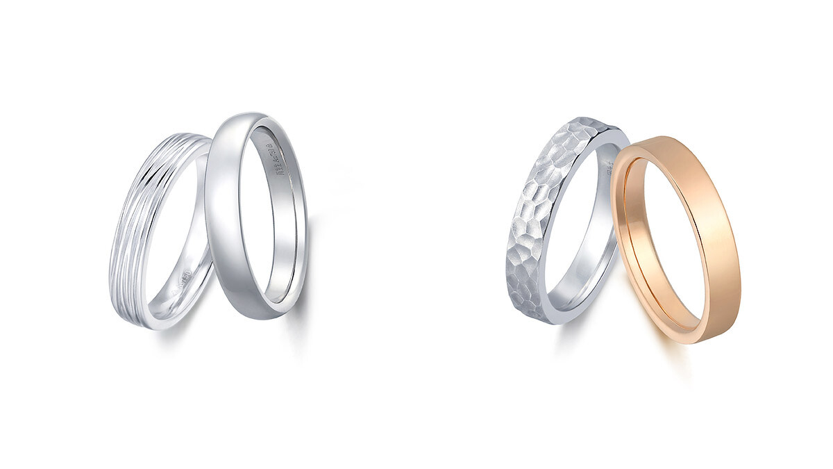 Promessa duet 專屬訂製系列戒指-18K白金亮面+18K白金樹紋(左)、Promessa duet 專屬訂製系列戒指-18K玫瑰金亮面+18K白金錘鑄(右)