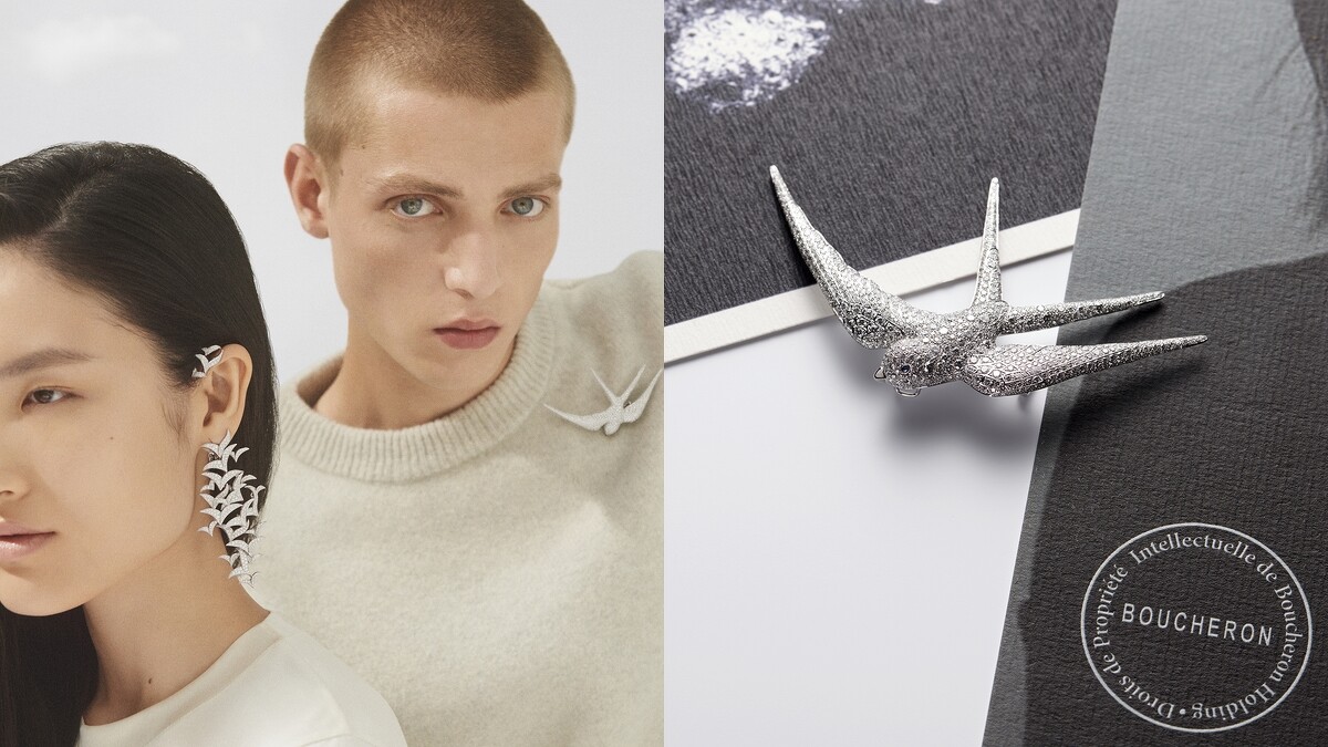 Boucheron寶詩龍2020年全新Contemplation系列Murmuration主題不對稱耳環以及Ailes du Vent主題胸針