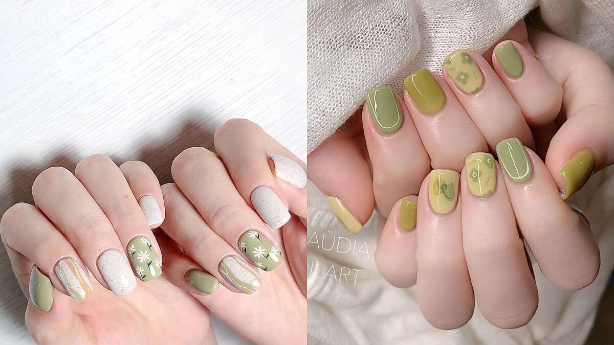夏天就要一抹綠!濃淡抹茶綠色系的美甲指彩範本25款推薦,小清新花朵、幾何線條、渲染水彩通通有
