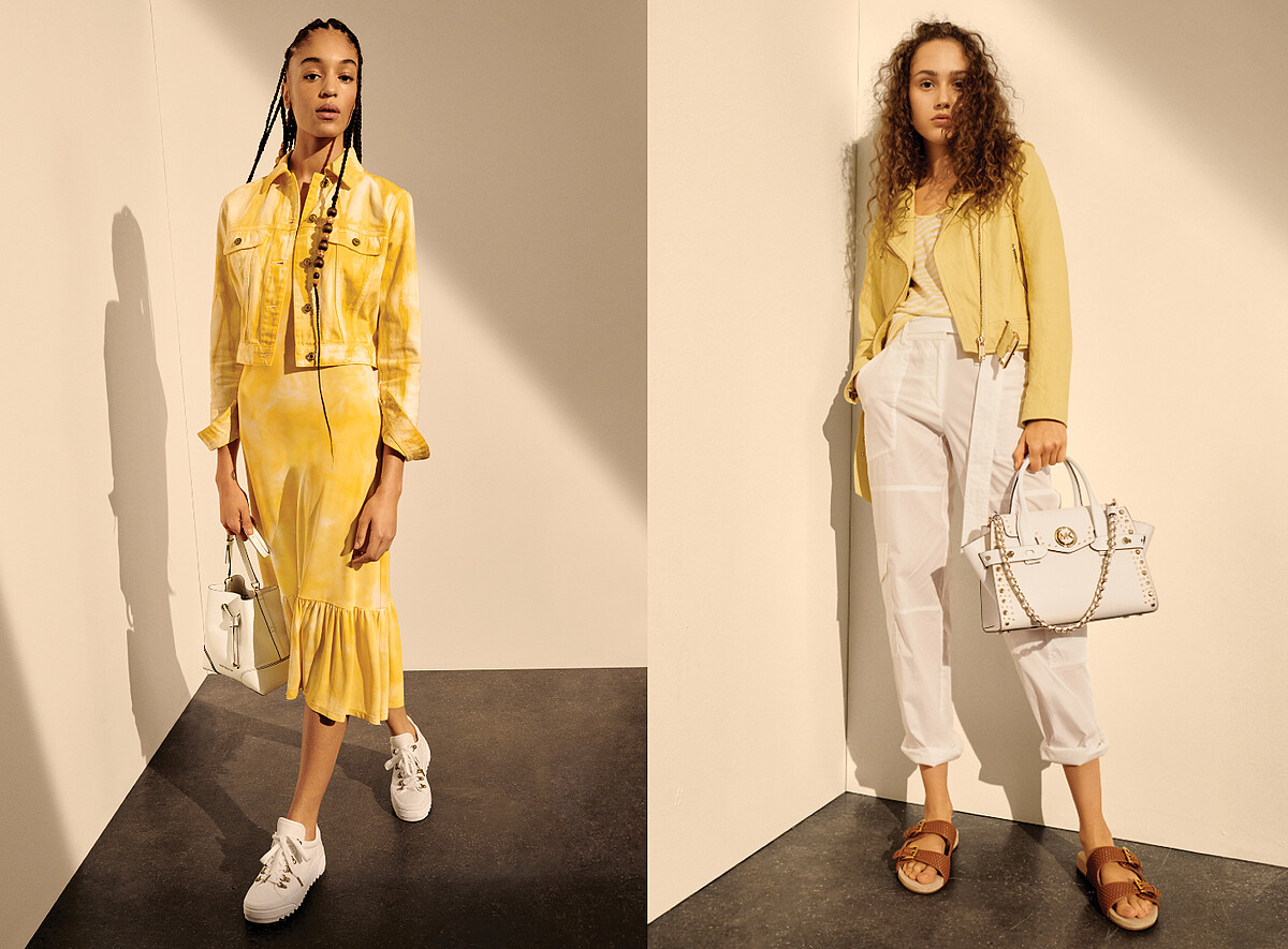 (左)檸檬黃扎染牛仔夾克及洋裝、(右)檸檬黃皮衣外套, 條紋上衣及白色休閒褲