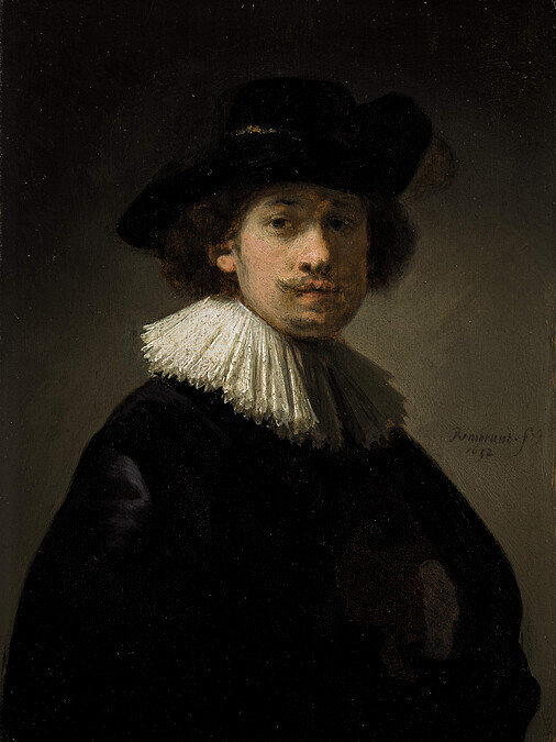 Rembrandt Van Rijn, Self-portra]it, wearing a ruff and black hat, 1632
