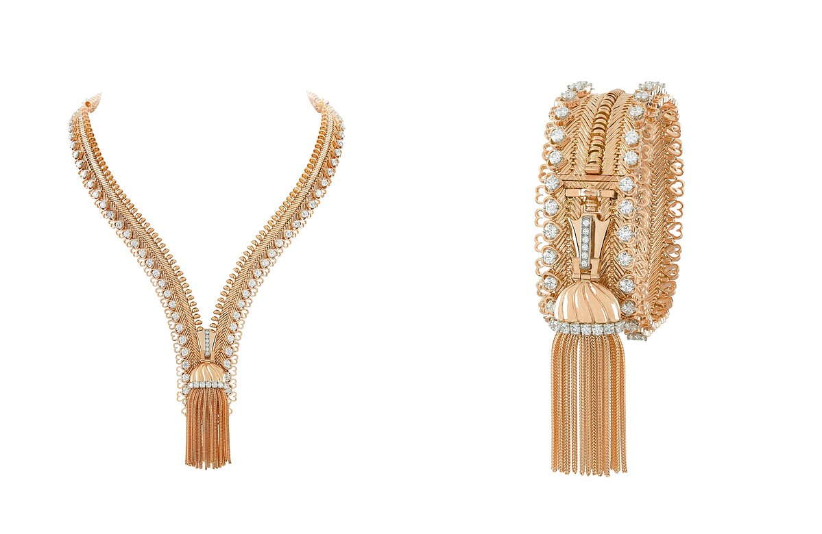 1951年，可轉換為手鍊的Zip Antique黃K金項鍊，鑲嵌鑽石。