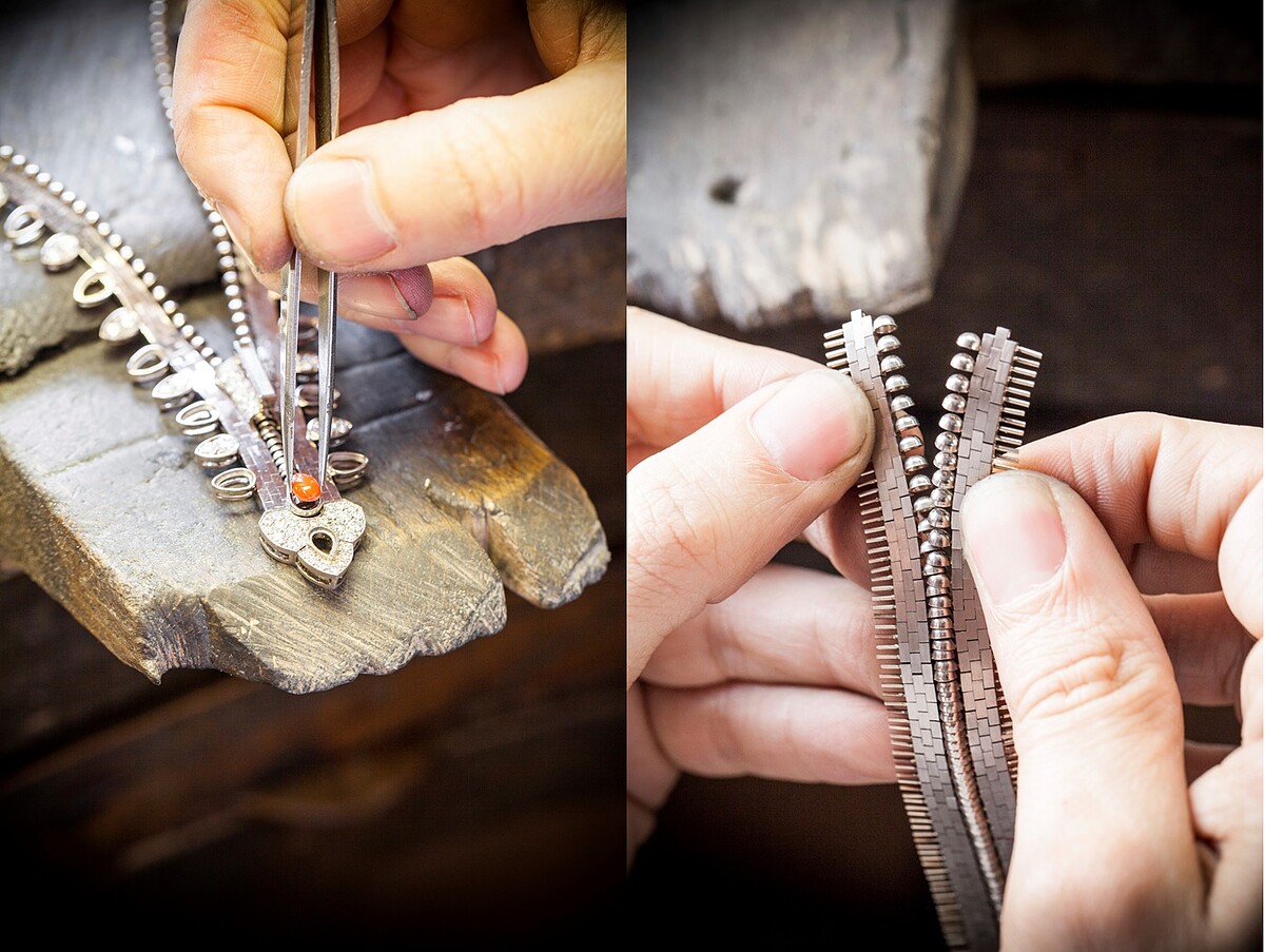 世家寶石匠師以細微的角度調整Zip項鍊上珊瑚所要鑲嵌的位置，並檢查拉鍊拉起狀態。