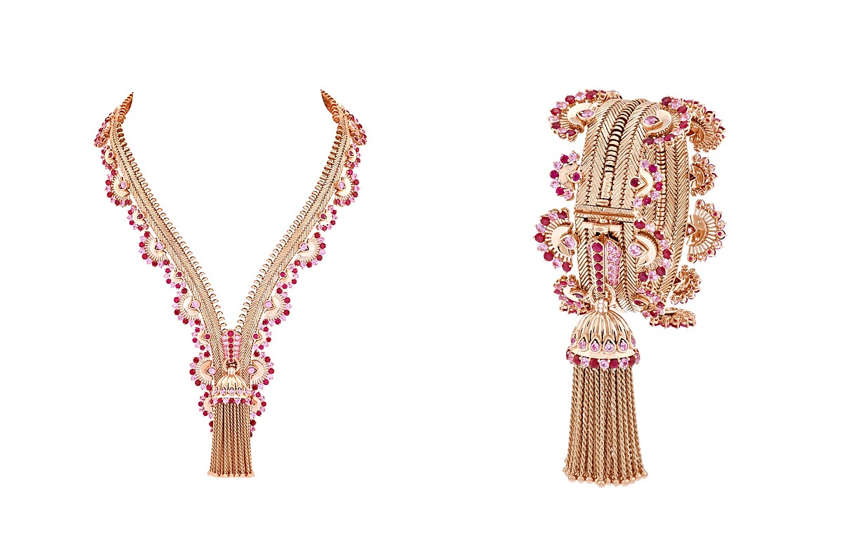 可轉換為手鍊的Zip Antique Rayon玫瑰金項鍊，鑲嵌粉紅色藍寶石、紅寶石、鑽石。