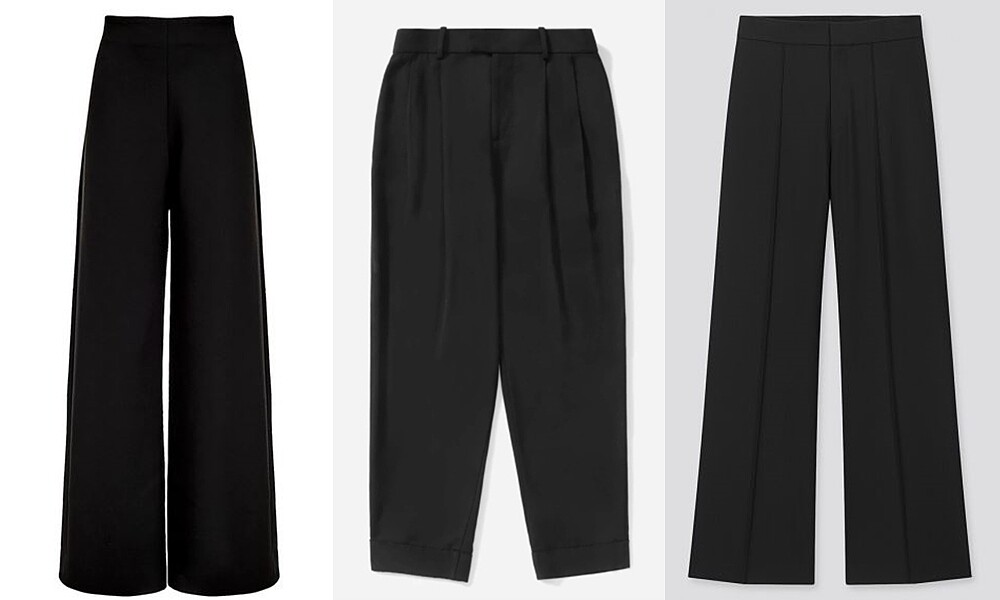 左:Paris Georgia黑色高腰褲 NT$13,700;中:Everlane黑色打摺褲NT$3,700;右:MSGM 黑色高腰褲 NT$8,300