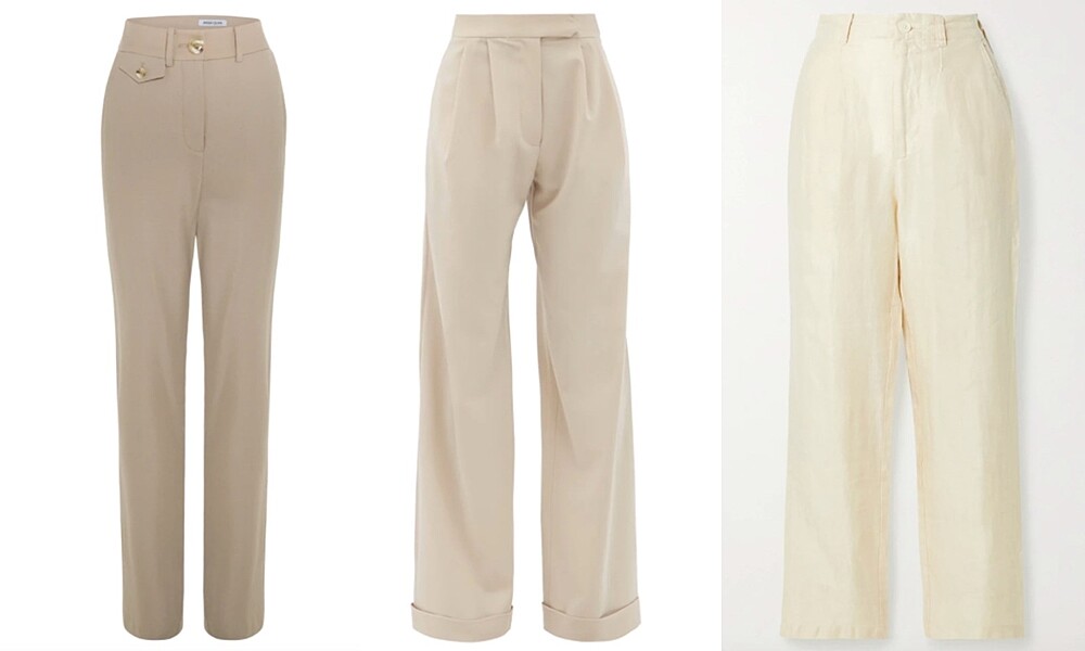 左:Anna Quan米色長褲 NT$13,000;中:16Arlington Sakura米色寬褲NT$20,000;右:Alex Mill米色寬褲 NT$7,300