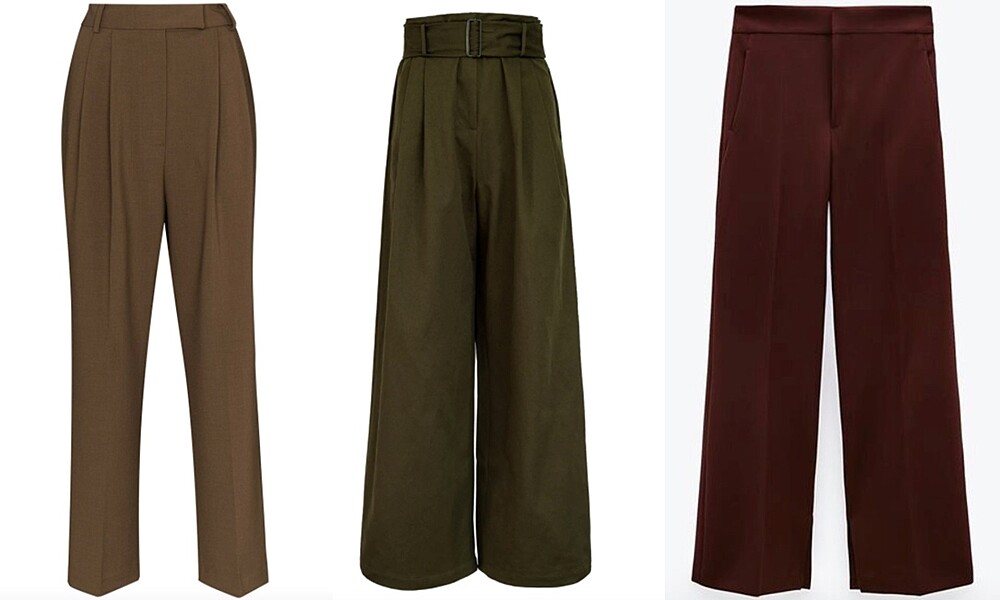 左:Frankie Shop棕色長褲 NT$11,000;中:Shaina橄欖綠長褲NT$9,800;右:Zara酒紅色寬褲 NT$2,900
