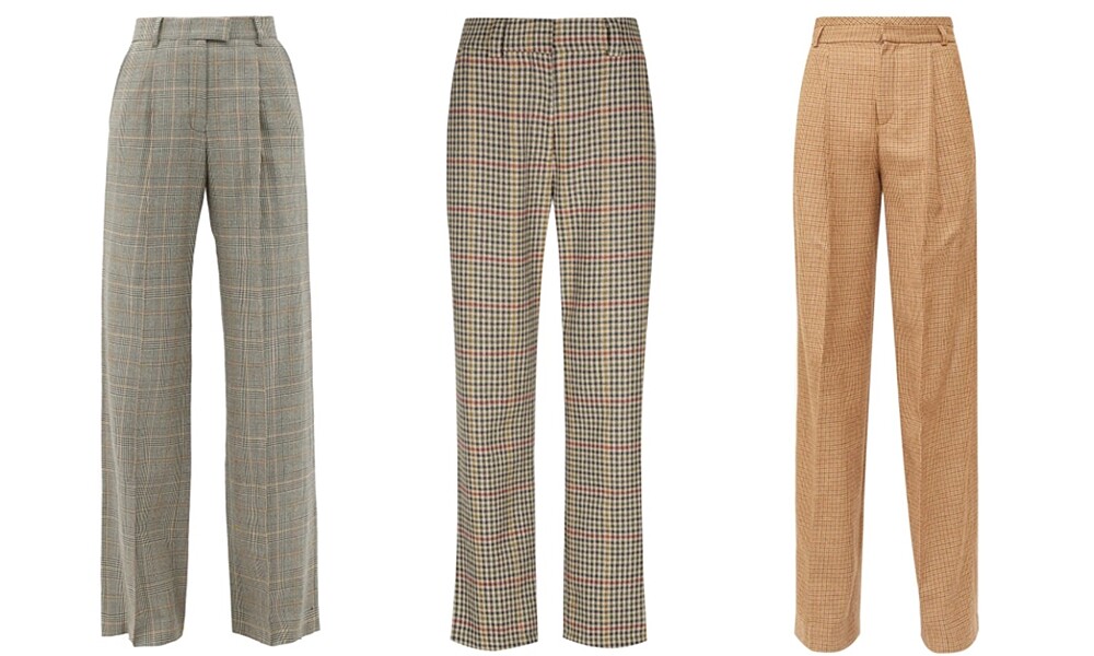 左:Bella Feud格紋長褲 NT$20,800;中:Hansen & Gretel Shelley格紋褲NT$7,600;右:Chloe 格紋高腰褲 NT$56,000