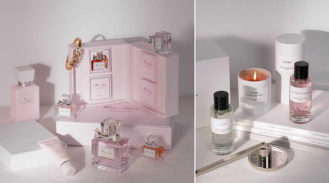 圖左:Miss Dior旅行精選組(Miss Dior淡香水5ml、Miss Dior香氛5ml、Miss Dior花漾迪奧精萃香氛5ml、Miss Dior花漾迪奧淡香水5ml)、花漾迪奧香氛潤膚組(花漾迪奧淡香水50ml、花漾迪奧芬芳身體乳75ml、Miss Dior玫瑰護手霜20ml) 圖右:迪奧香氛世家LA COLLE NOIRE柯勒諾瓦香氛40ml、LUCKY幸運時刻香氛40ml、JARDIN D'ORANGERS橙之花園香氛蠟燭250g、隔熱蠟燭座、防煙滅燭罩