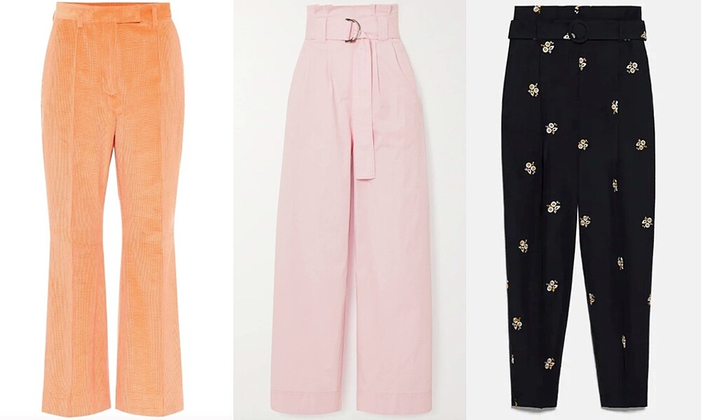 左:Acne Studios 橘色高腰褲 NT$10,000;中:Ganni粉色高腰褲NT$9,300;右:ara Embroidered 黑色刺繡高腰褲 NT$2,000