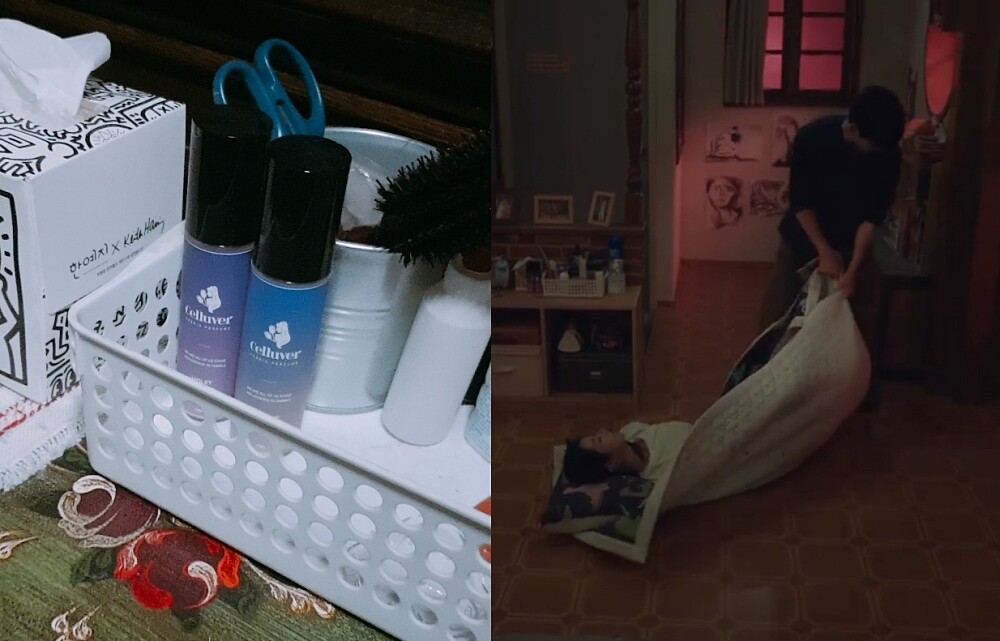  (圖片來源/品牌提供Netflix《雖然是精神病但沒關係》截圖)高文英(徐睿知)堅持留在文鋼太(金秀賢)家過夜，Celluver淨化衣物香氛噴霧現身男神家中櫃子劇照+產品合圖。