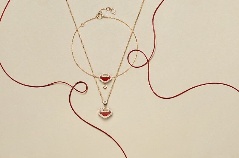 QEELIN Yu Yi七夕系列玫瑰金鑲鑽紅瑪瑙手鍊與項鍊