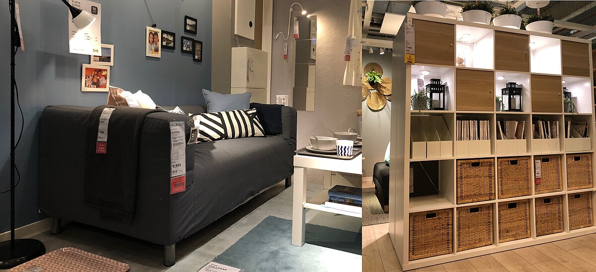 KLIPPAN雙人座沙發,NT5,990,KALLAX白色層架組,NT7,495。