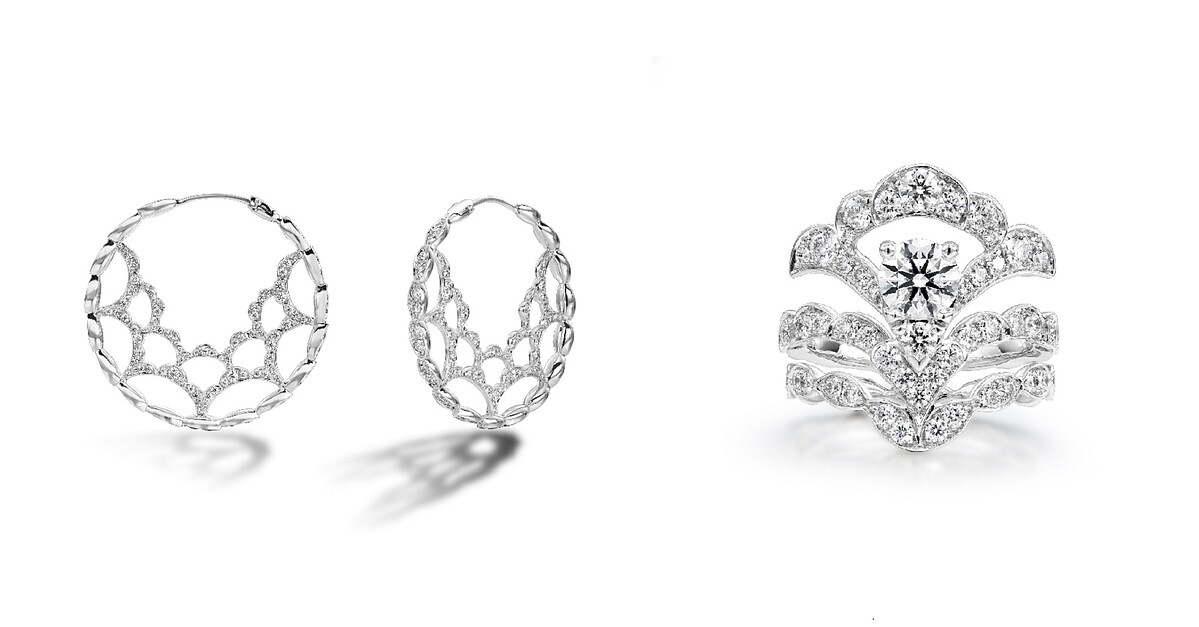ORELEI REVERIE系列白K金鑽石環狀耳環、白K金鑽石戒指