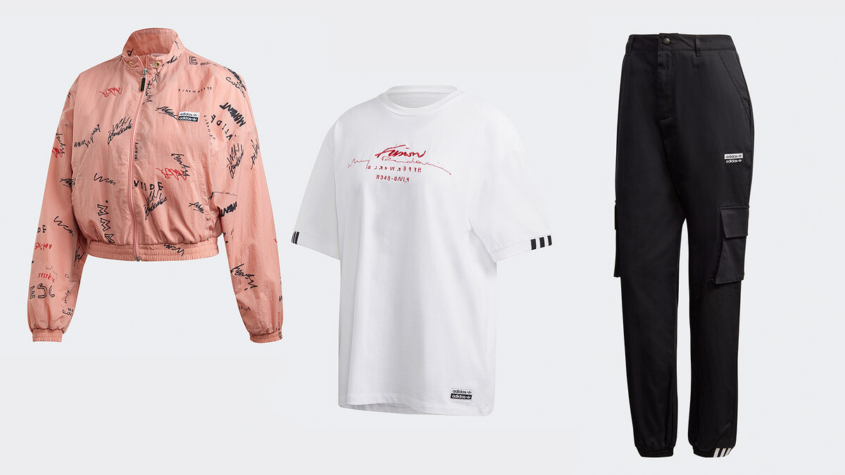 R.V.Y.印花夾克 NTD2,890、R.Y.V.白色寬版上衣 NTD1,690、R.Y.V.黑色長褲 NTD 3,090