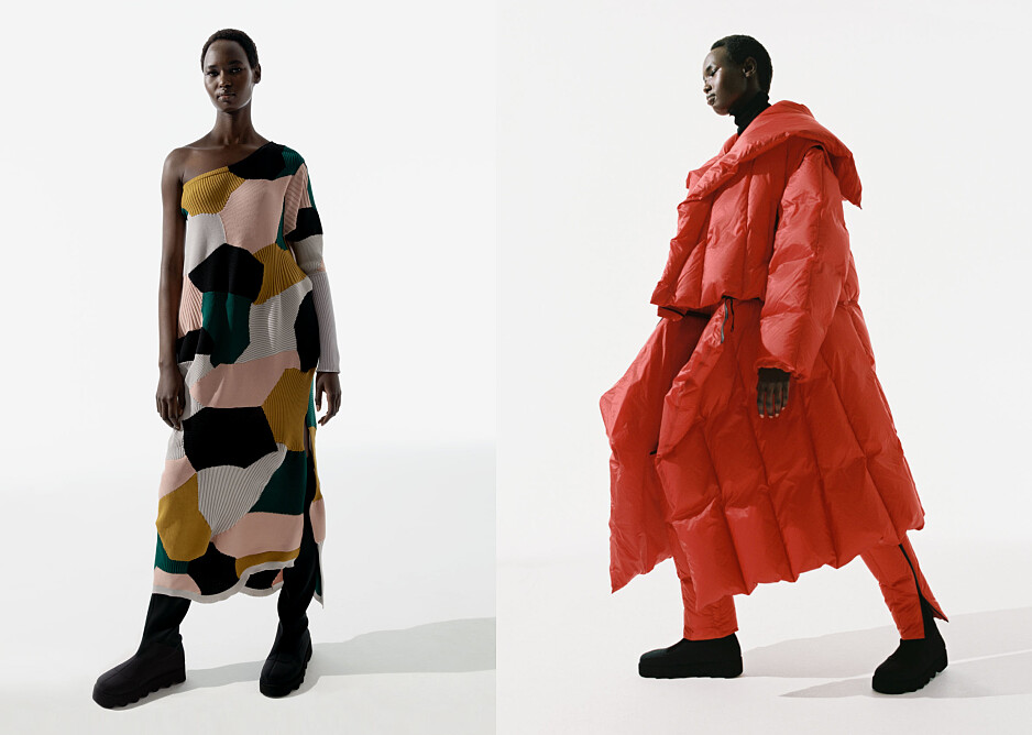 狀聲織褶洋裝NT42,300、結構羽絨長大衣NT163,800