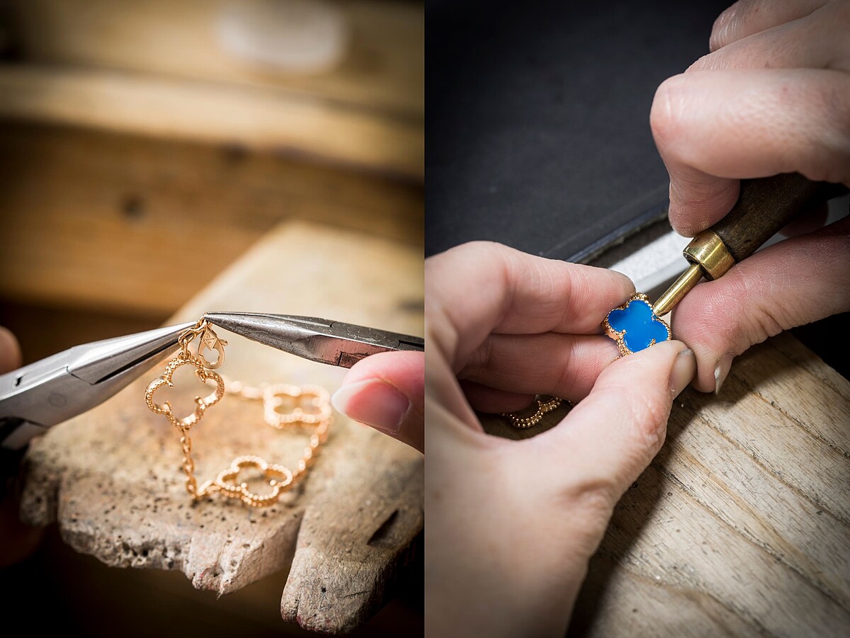 卓越精湛的世家工藝藉由替鍊條裝上扣環、拋光金珠輪廓、嚴格篩選珍貴寶石品項、寶石定位、鑲嵌寶石&hellip;等細節上，皆以嚴謹細膩的手法打造出可精緻傳世的經典Alhambra系列。