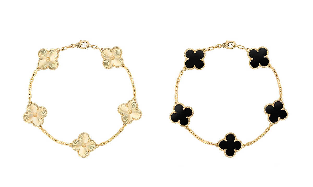 Van Cleef & Arpels Vintage Alhambra璣鏤雕花黃K金手鍊、縞瑪瑙黃K金手鍊 (5枚墜飾)。