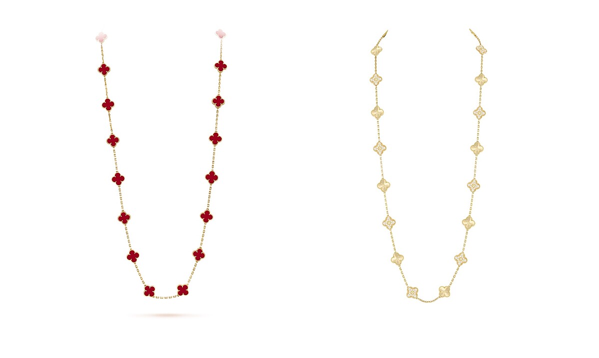 Van Cleef & Arpels Vintage Alhambra紅玉髓黃K金長項鍊(20枚墜飾)、黃K金長項鍊(20枚幸運四葉圖騰)。