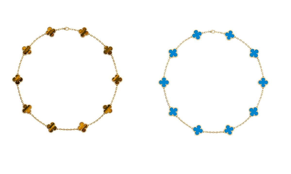 Van Cleef & Arpels Vintage Alhambra虎眼石黃K金項鍊、藍瑪瑙項鍊(10枚墜飾)。