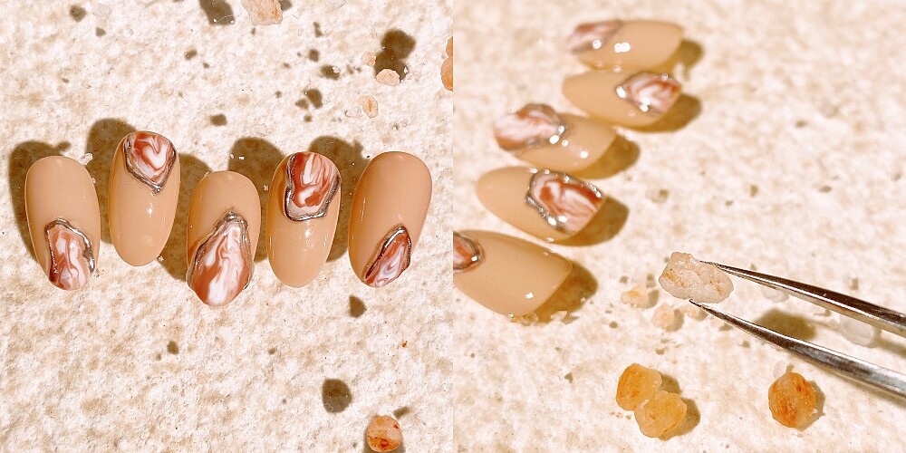 秋冬美甲趨勢-奶茶暈染流金美甲X不對稱造型