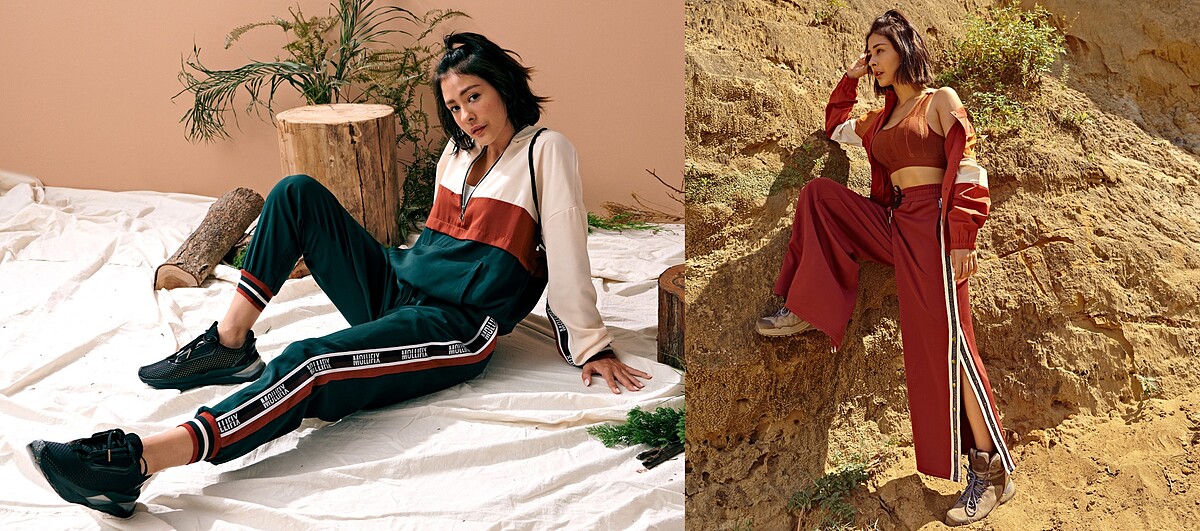 MOLLIFIX 2020秋冬新品 「啟程」系列，以拼色時尚以及運動材質拼接營造出率性時髦休閒風格 左：拼色前口袋LOGO織帶連帽上衣 售價：2,480，拼色側邊LOGO織帶哈倫褲 售價：2,680 右：古著感撞色排釦夾克(紅棕/軍綠) 售價：3,280，閃閃織帶開岔壓釦寬褲 (紅棕)售價：2,980