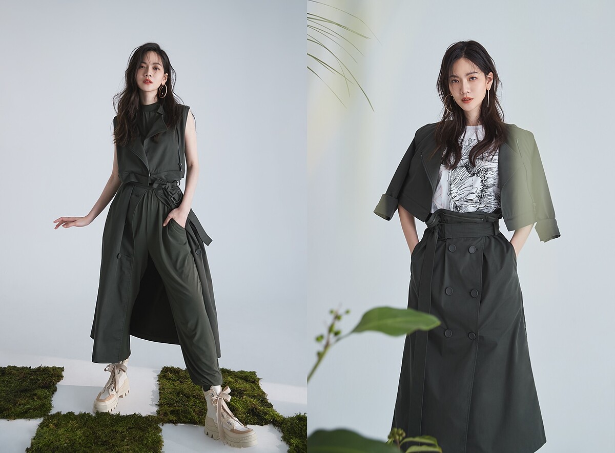 率性瀟灑的軍綠色服裝單品，搭配著可拆解為裙裝、夾克、背心多元穿法的經典5 in 1風衣，完美體現品牌「一衣多穿」的混搭精神。
