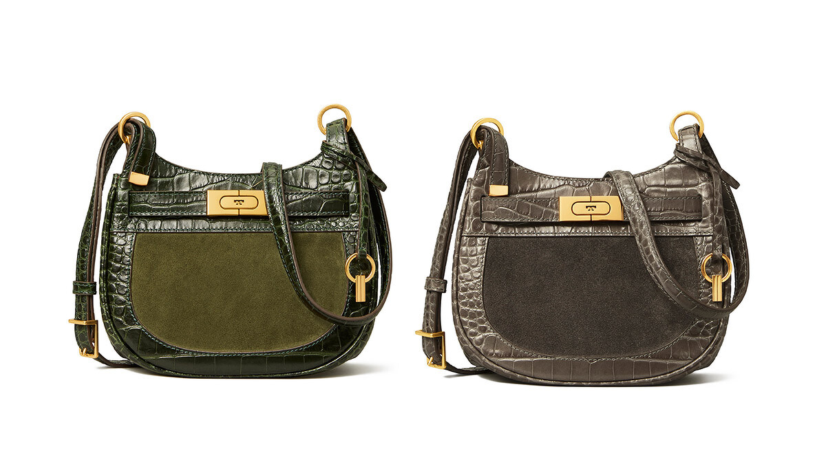 Tory Burch 海藻綠拼接材質Lee Radziwill馬鞍包、深灰色拼接材質Lee Radziwill 馬鞍包，各NT27,900。