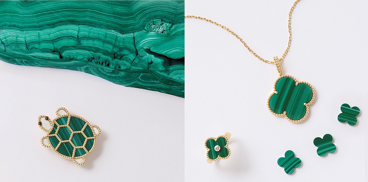 左圖：Lucky Animals系列孔雀石小烏龜胸針，約NT214,000；右圖：Magic Alhambra黃K金孔雀石吊墜，約NT195,000、Vintage Alhambra黃K金孔雀石戒指，約NT113,000。