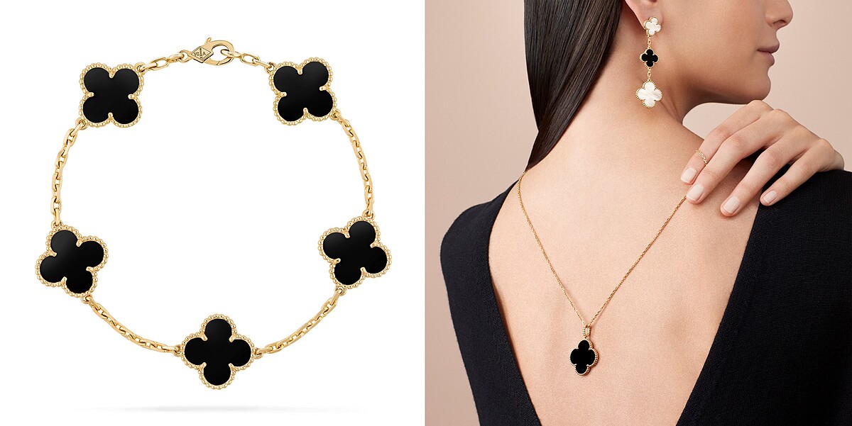 左圖：Vintage Alhambra 5枚縞瑪瑙墜飾黃K金手鍊，約NT116,000；右圖：Magic Alhambra縞瑪瑙墜飾黃K金長項鍊，約NT168,000、Magic Alhambra縞瑪瑙與珍珠母貝墜飾黃K金耳環，價格店洽。 