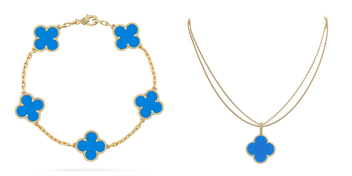 左圖：Van Cleef & Arpels梵克雅寶Vintage Alhambra 5枚藍瑪瑙墜飾黃K金手鍊，約NT131,000；右圖：Magic Alhambra藍瑪瑙墜飾黄K金長項鍊，約NT192,000。