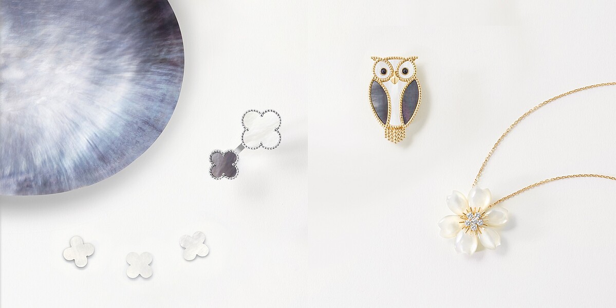 左圖：Magic Alhambra珍珠母貝指間戒，價格店洽；右圖：Lucky Animals貓頭鷹珍珠母貝縞瑪瑙胸針，約NT195,000、Rose de No&euml;l黃K金珍珠母貝吊墜胸針，約NT456,000。