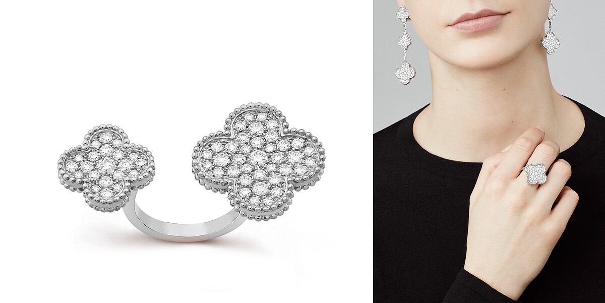 左圖：Van Cleef & Arpels梵克雅寶Magic Alhambra白K金鑽石指間戒，約NT535,000；右圖： Magic Alhambra系列白K金鑽石戒指，約NT345,000、Magic Alhambra系列白K金鑽石耳環，約NT1,380,000。