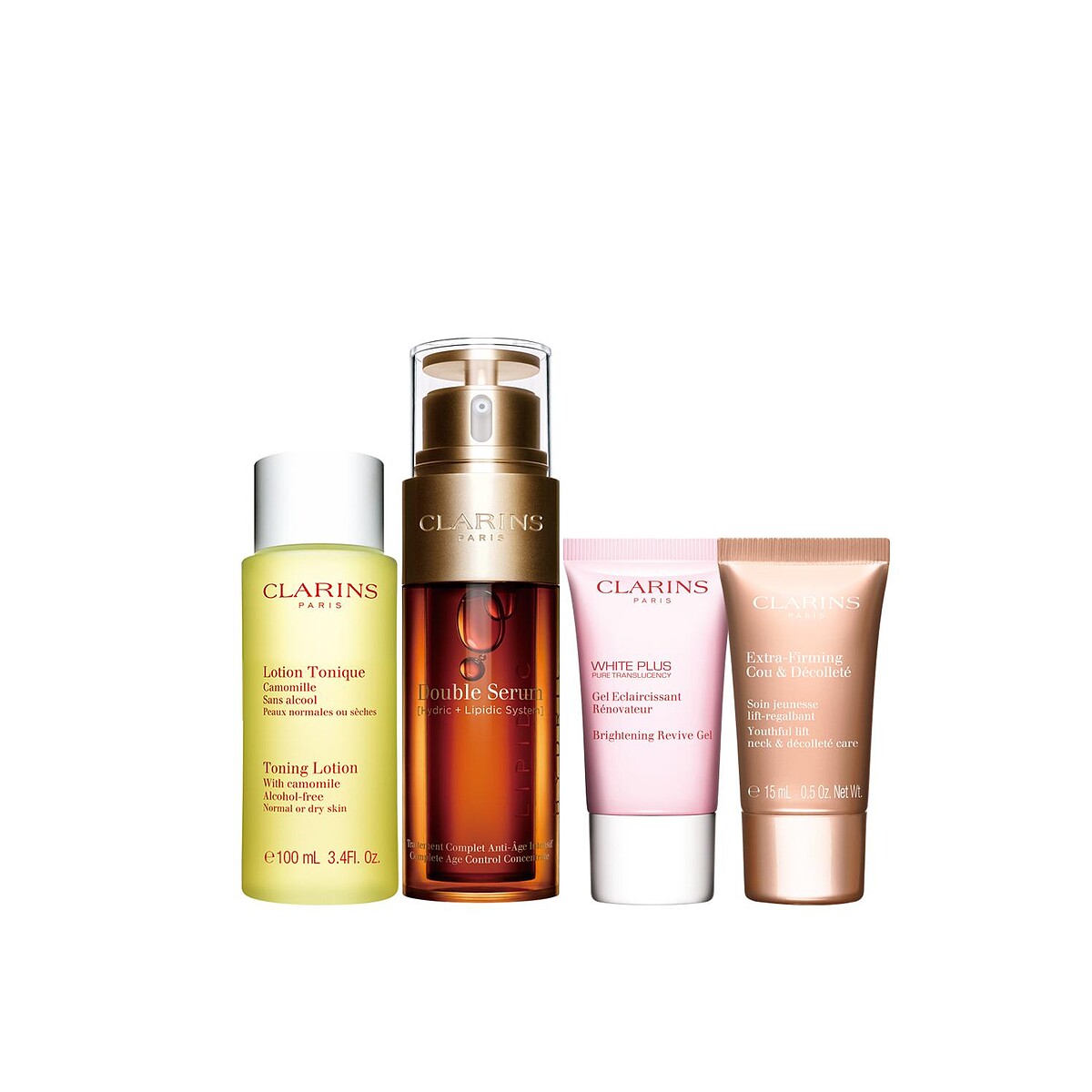 內含：黃金雙激萃50ML(正貨)、洋甘菊化妝水100ML、智慧美白晚安水凝霜15ML、NEW.超性感美頸霜 彈力升級版15ML