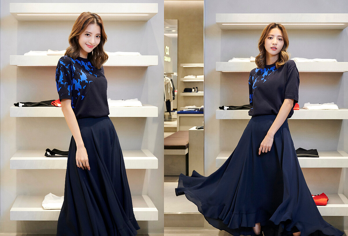 CK CALVIN KLEIN藍黑印花針織上衣，推薦價NT11,490、午夜藍荷葉裙襬中長裙，推薦價NT11,990。