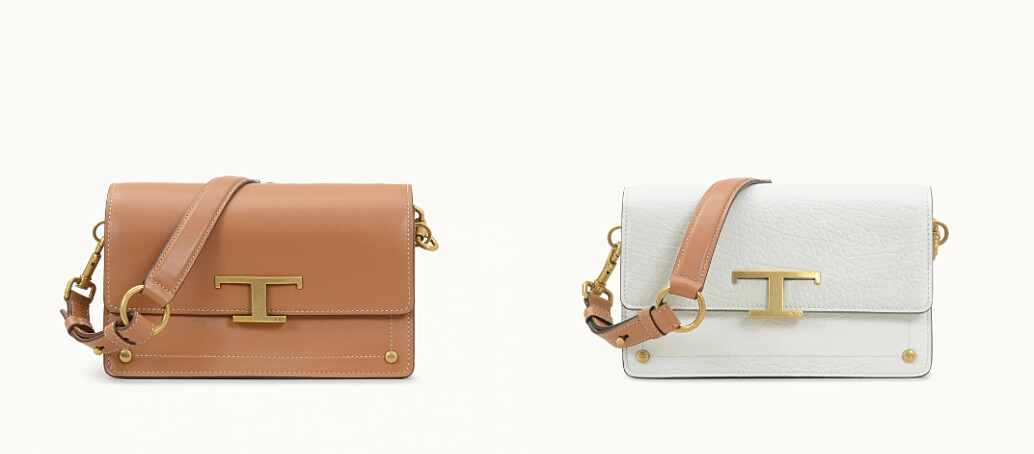T Timeless系列:淺棕色光滑牛皮斜背包,NT73,600、乳白色壓紋牛皮斜背包,NT73,600。