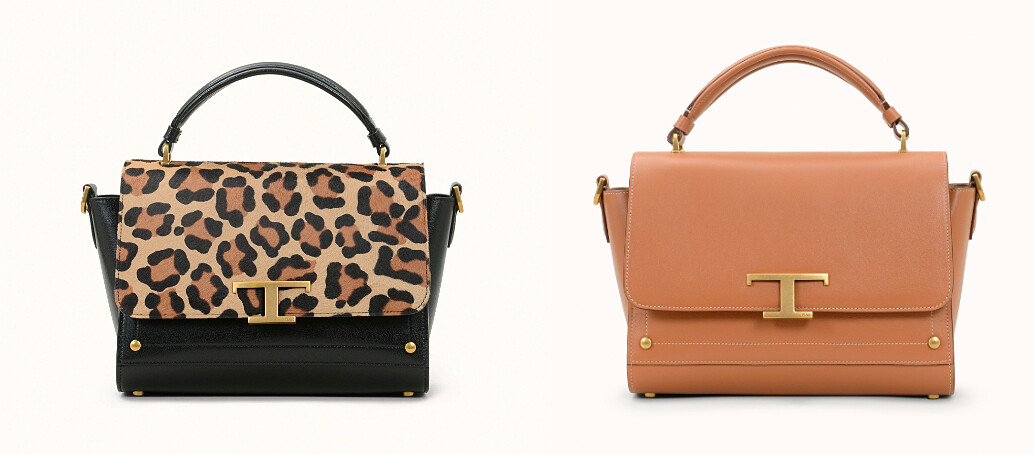 T Timeless系列:豹紋拼接手提包,NT112,100、淺棕色光滑牛皮手提包,NT78,300。