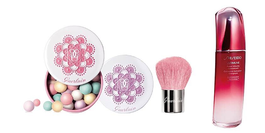 左：GUERLAIN幻彩流星蜜粉球迷你隨身組，推薦價NT2,180(限量30組) 右：SHISEIDO國際櫃 紅妍肌活露(120ml)價值NT8,600 推薦價NT5,400