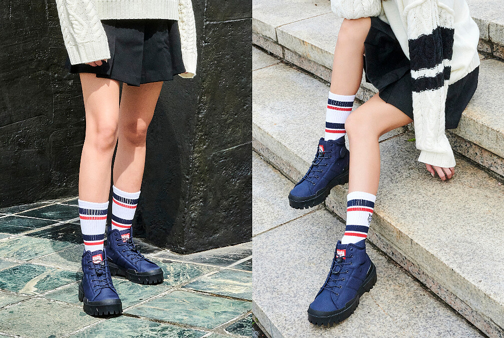 長袖針織上衣，NT6,390、百褶短裙，NT3,290、虎頭中筒襪，NT460、HMR PEAK G-TX，NT6,680。