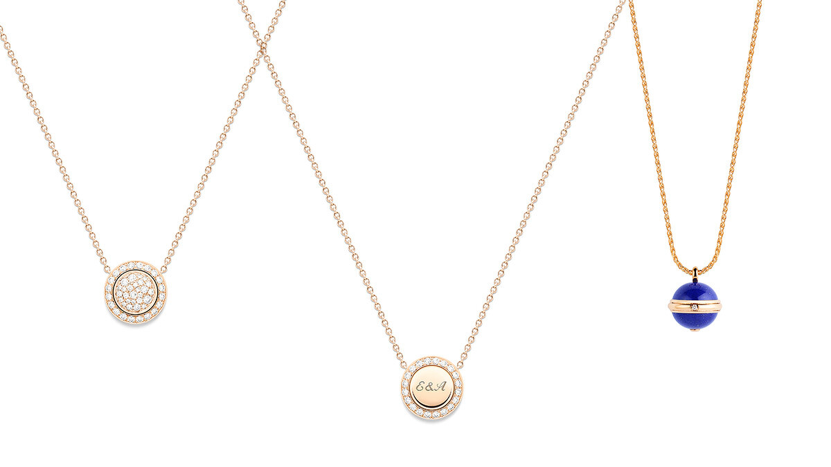 PIAGET Possession系列：18K玫瑰金鑽石墜鍊(可翻轉背面刻字)、18K玫瑰金青金石鑽石墜鍊。