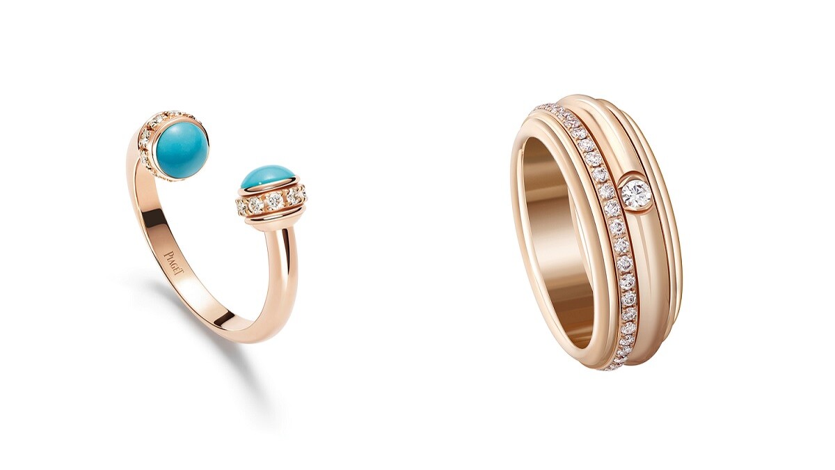PIAGET Possession系列：18K玫瑰金綠松石鑽石戒指、18K玫瑰金鑽石戒指。