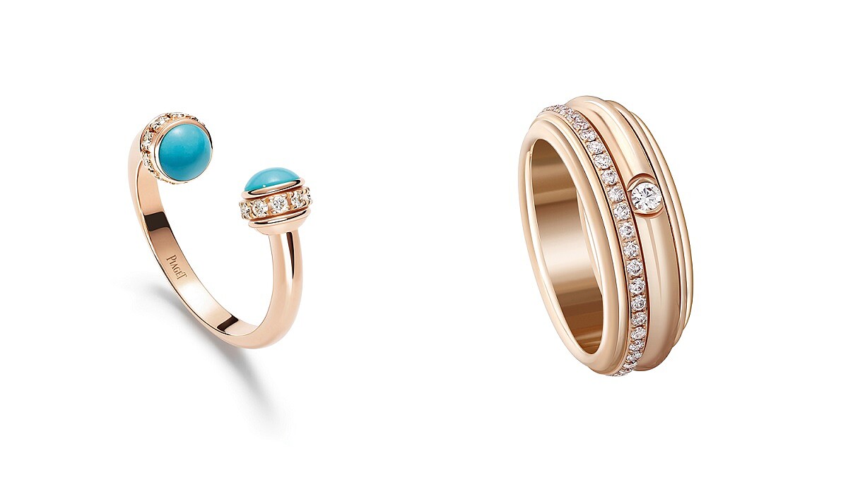PIAGET Possession系列：18K玫瑰金綠松石鑽石戒指、18K玫瑰金鑽石戒指。